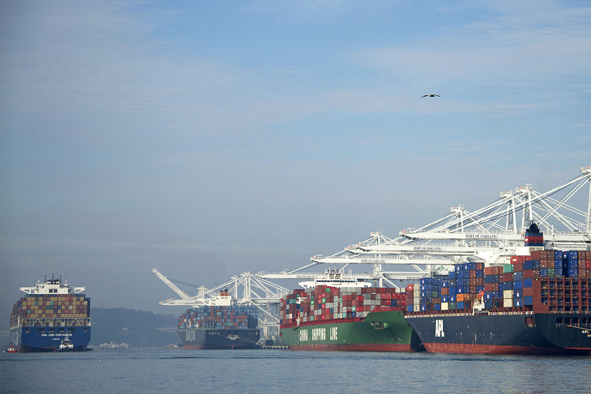 Busy shipping port with container ships