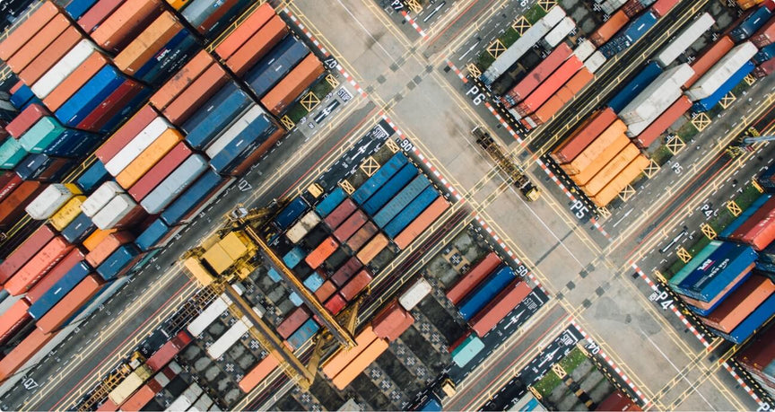 Aerial view of shipping container storage in shipping yard