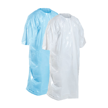 Disposable plastic smock with sleeves blue and white