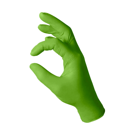 Visible green nitrile gloves